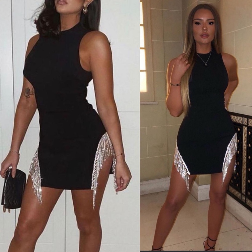 HOUSE OF CB 'Charlize' Black Crystal Trim Dress /Size S rhinestones NWOT